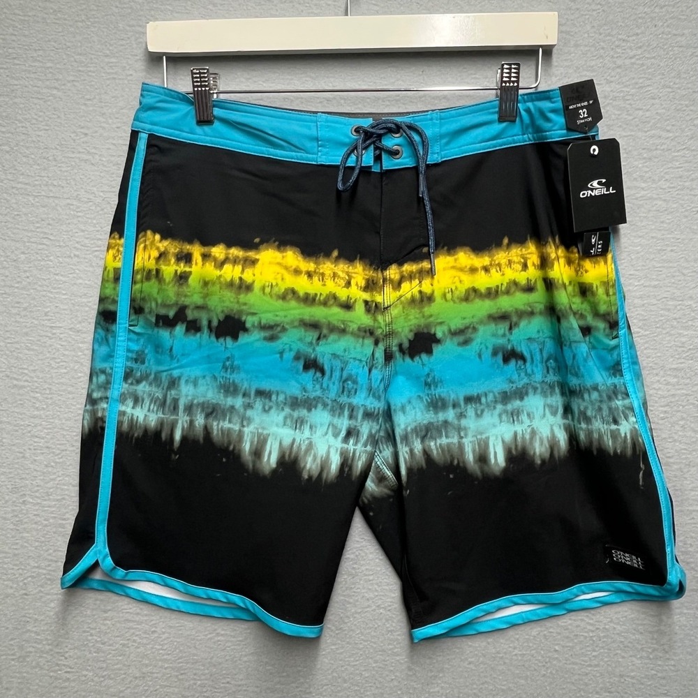 ONeill Cruze Mens 32 Board Shorts Black Tie Dye Stripe Stretch Swim Trunks NEW